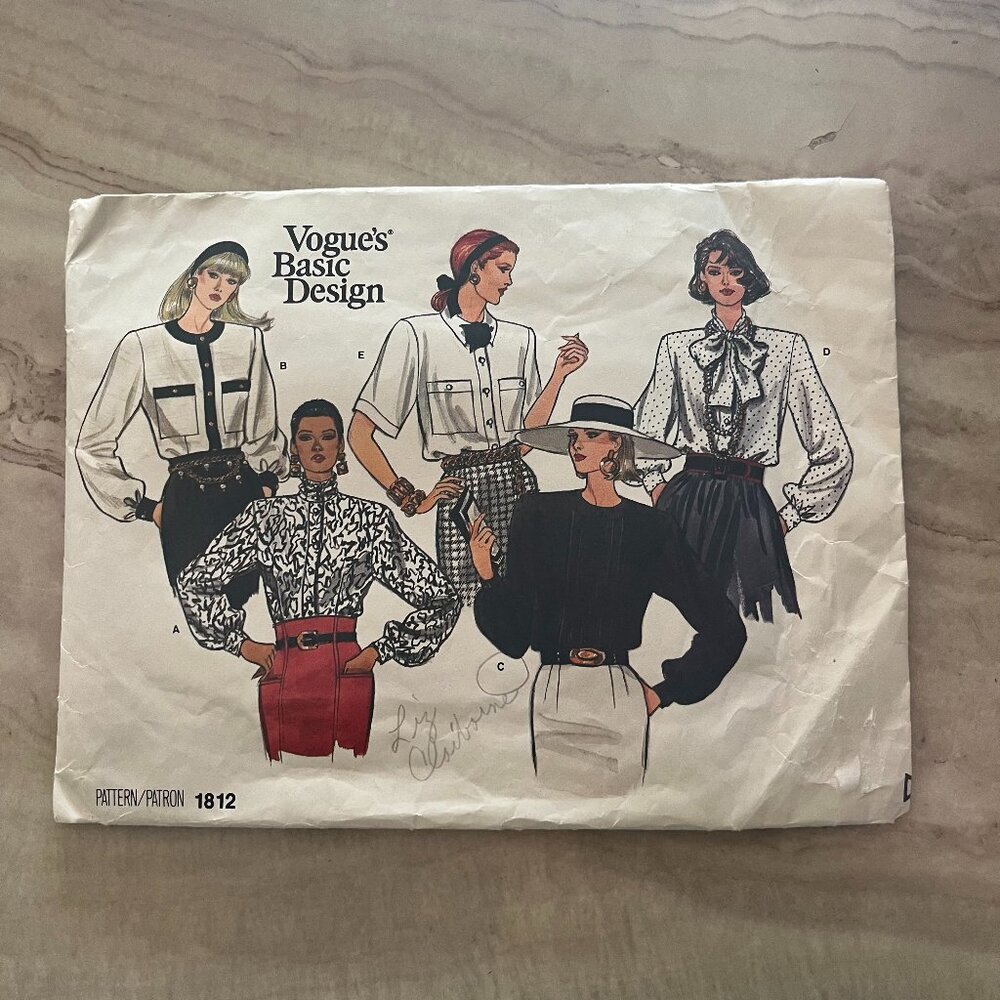 VOGUE'S BASIC DESIGN 1986 Pattern 1812 Misses' Blouse Size 14 - 16 - 18 UNCUT